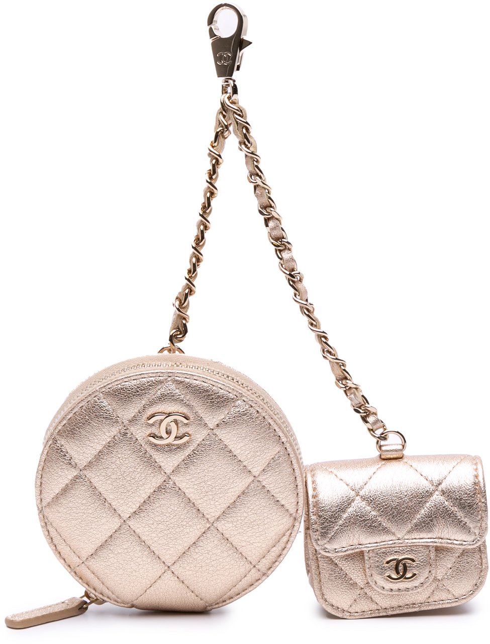 Chanel Metallic Quilted Lambskin Round Clip On Coin Purse Airpods Case Goud
