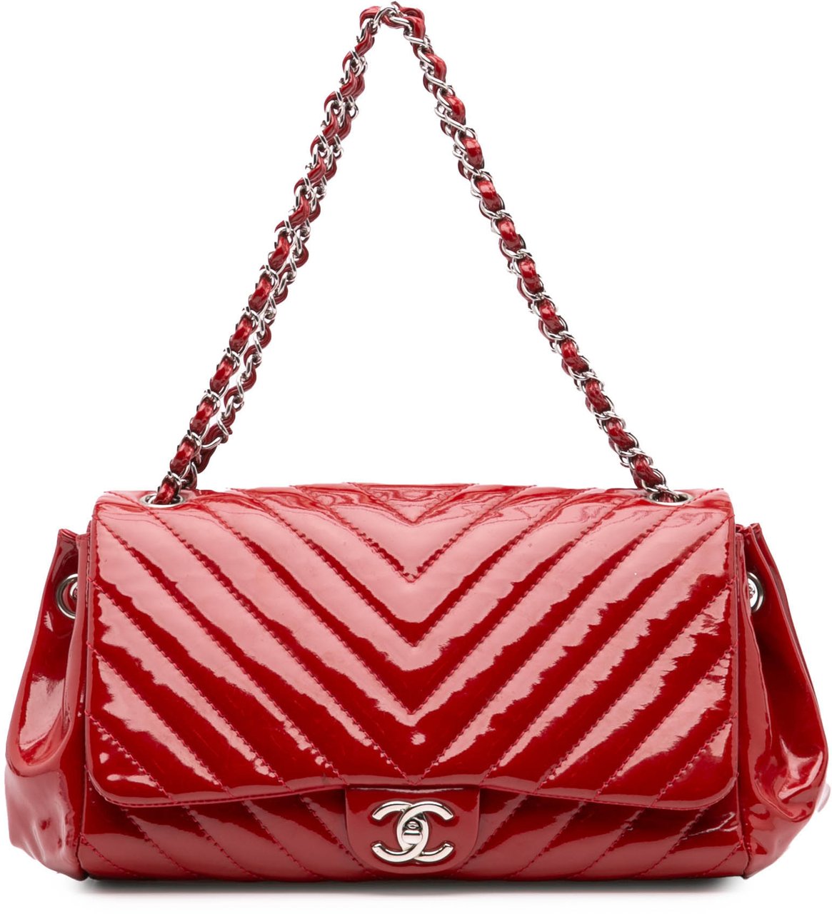 Chanel CC Chevron Patent Accordion Single Flap Rood