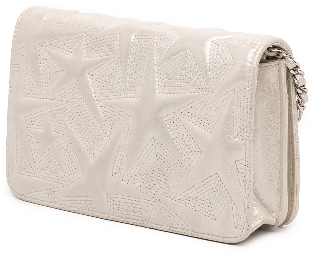 Chanel Metallic Lambskin Star Embossed Wallet On Chain Zilver