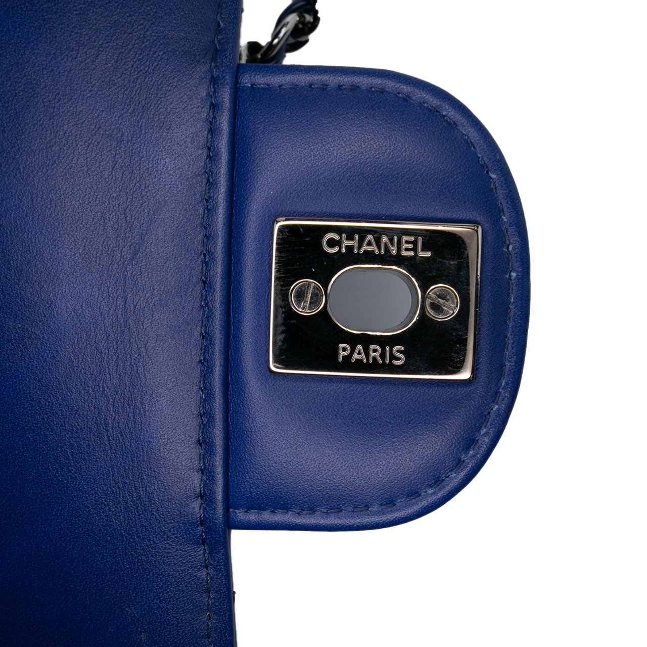 Chanel Mini Rectangular Classic Chevron Patent Single Flap Blauw