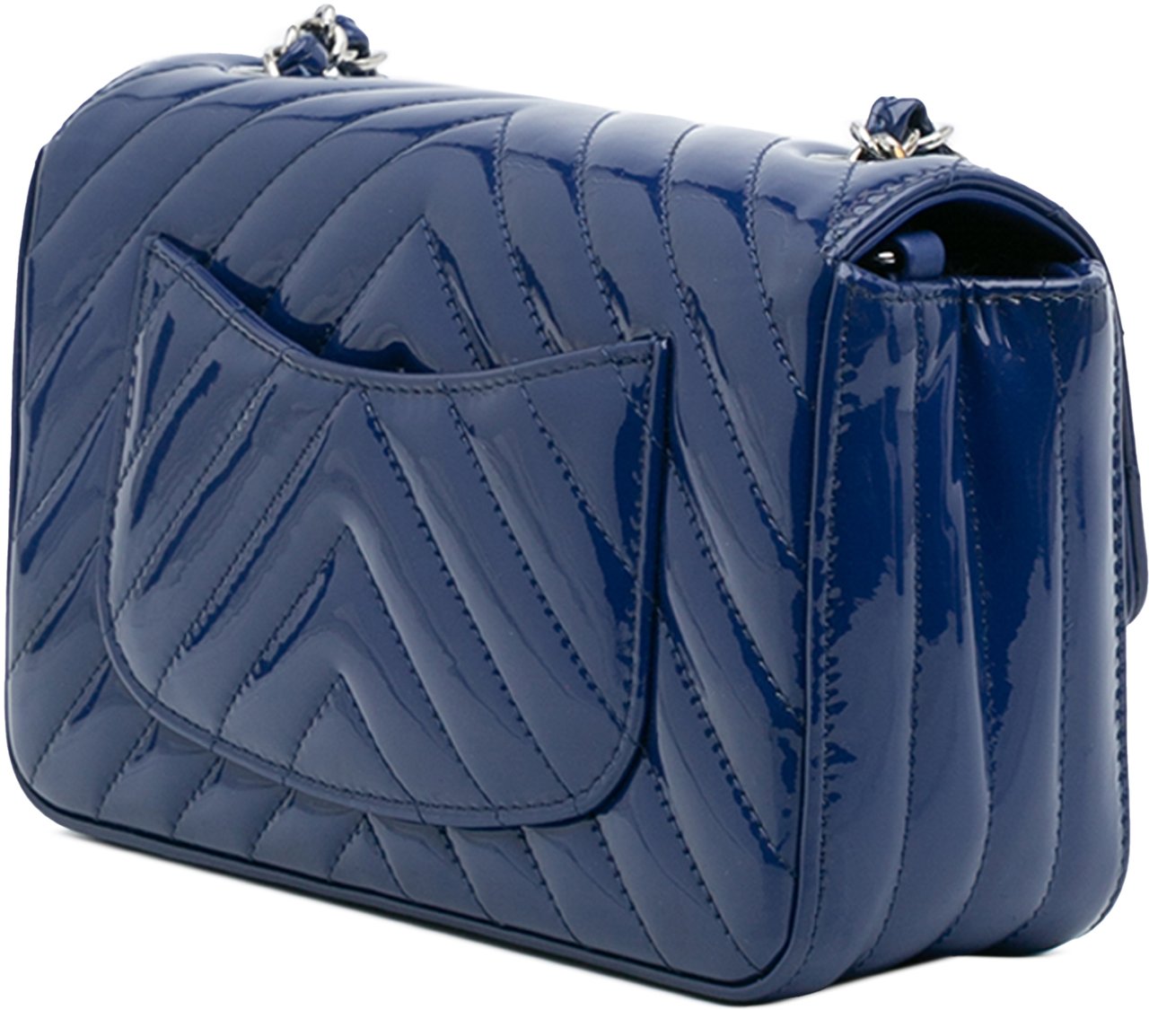 Chanel Mini Rectangular Classic Chevron Patent Single Flap Blauw