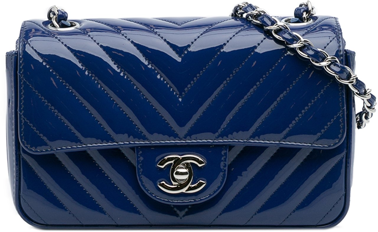 Chanel Mini Rectangular Classic Chevron Patent Single Flap Blauw