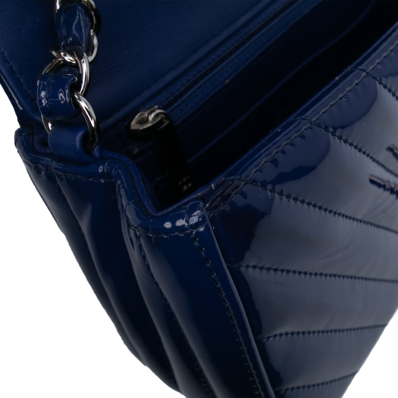 Chanel Mini Rectangular Classic Chevron Patent Single Flap Blauw