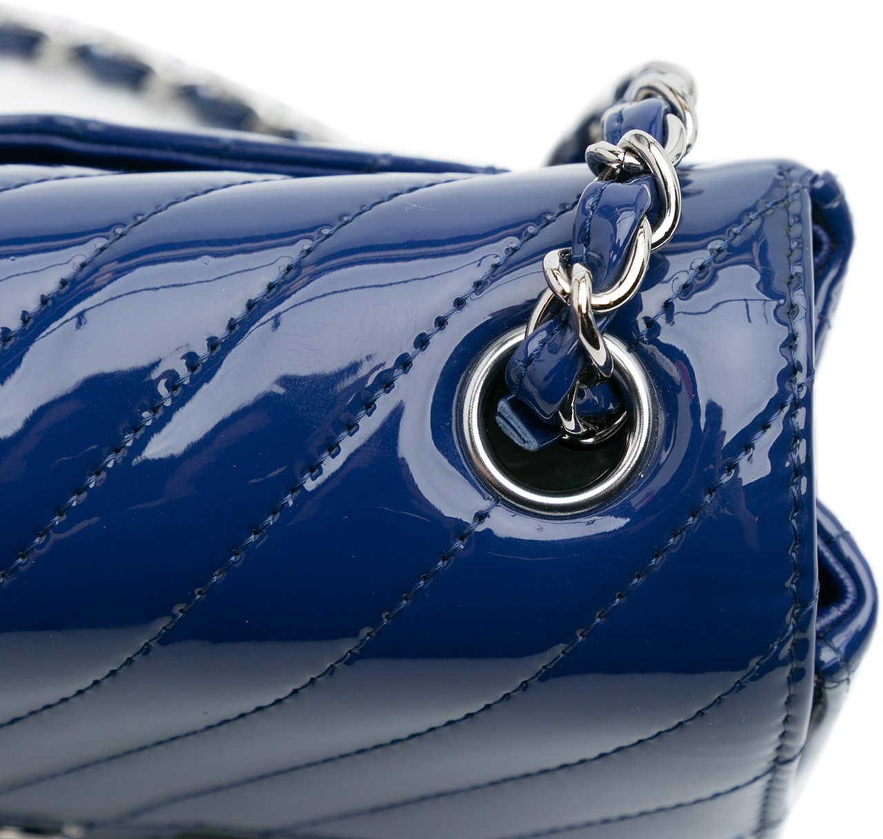 Chanel Mini Rectangular Classic Chevron Patent Single Flap Blauw