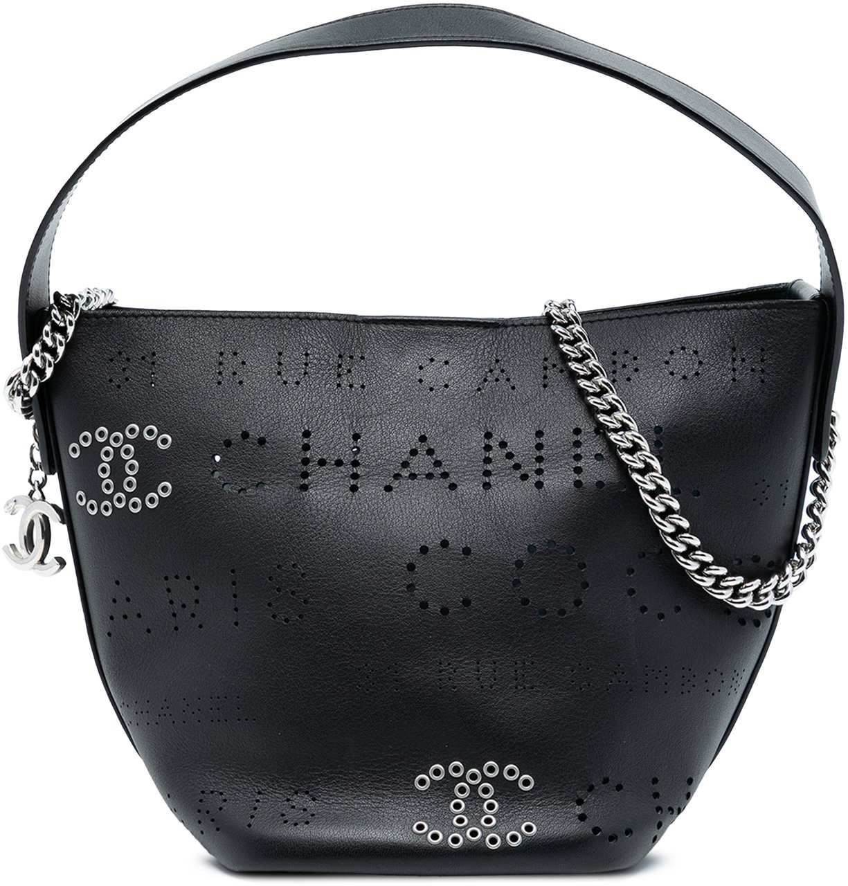Chanel Small Perforated Calfskin Logo Eyelet Bucket Bag Zwart