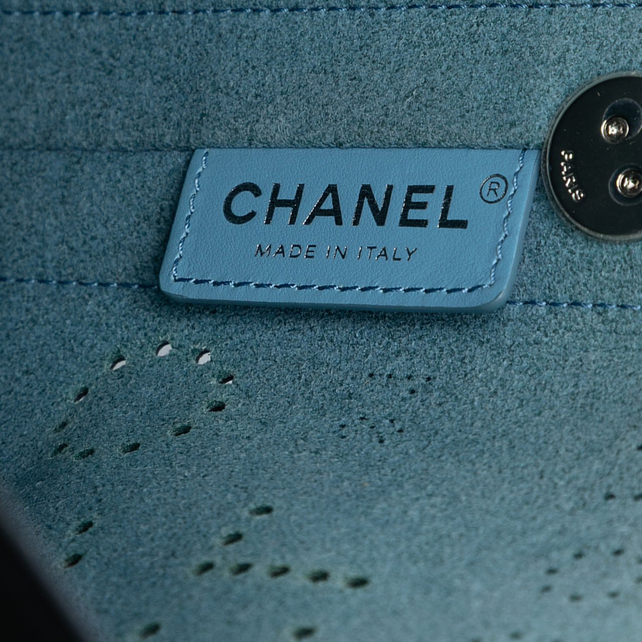 Chanel Small Perforated Calfskin Logo Eyelet Bucket Bag Zwart