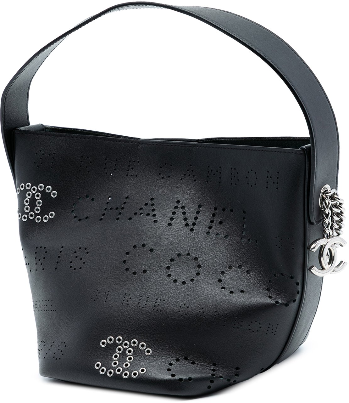 Chanel Small Perforated Calfskin Logo Eyelet Bucket Bag Zwart