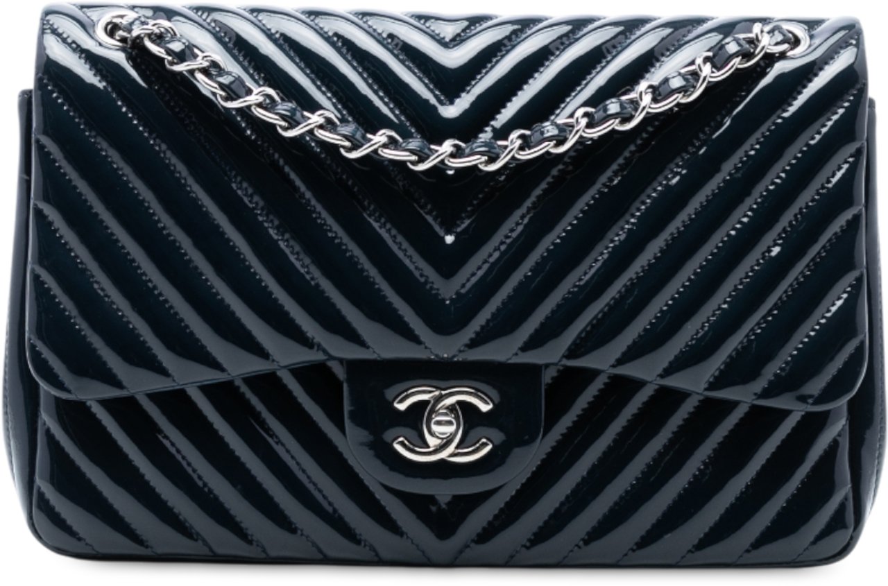 Chanel Jumbo Classic Chevron Patent Double Flap Blauw