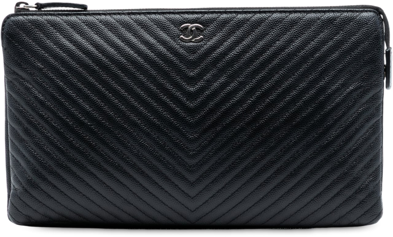 Chanel CC Chevron Caviar Zip Clutch Zwart