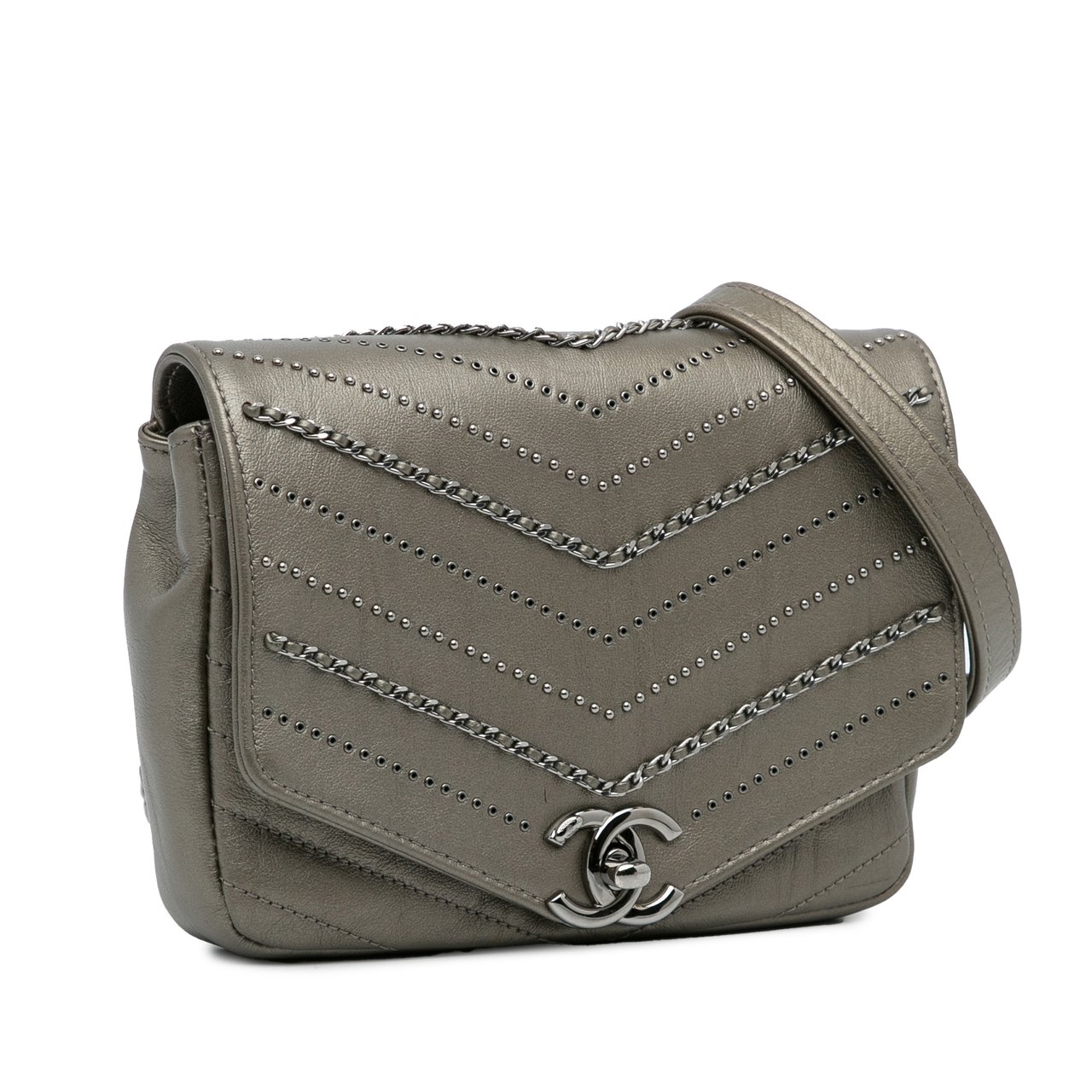 Chanel Mini Embellished Calfskin Chevron Square Envelop Flap Grijs