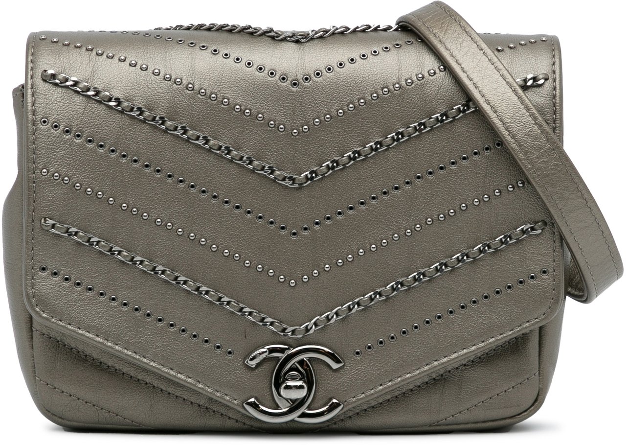 Chanel Mini Embellished Calfskin Chevron Square Envelop Flap Grijs
