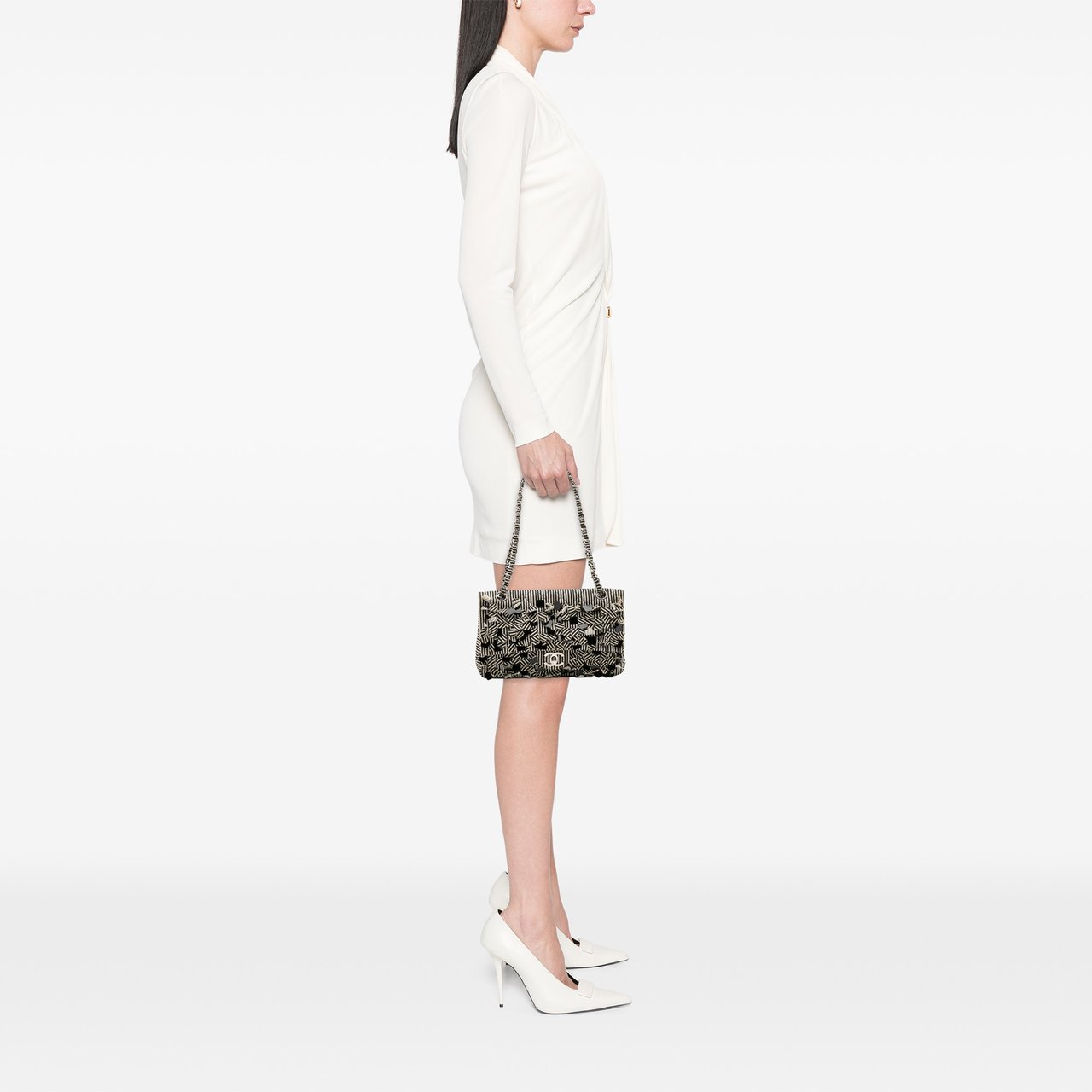 Chanel Medium Classic Canvas Sequin Stripes Double Flap Zwart