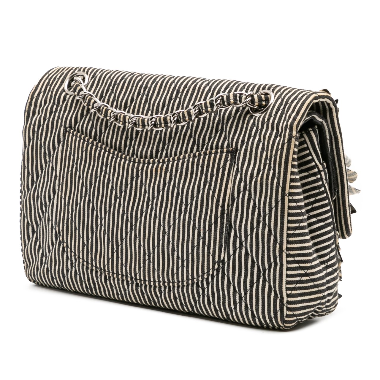 Chanel Medium Classic Canvas Sequin Stripes Double Flap Zwart