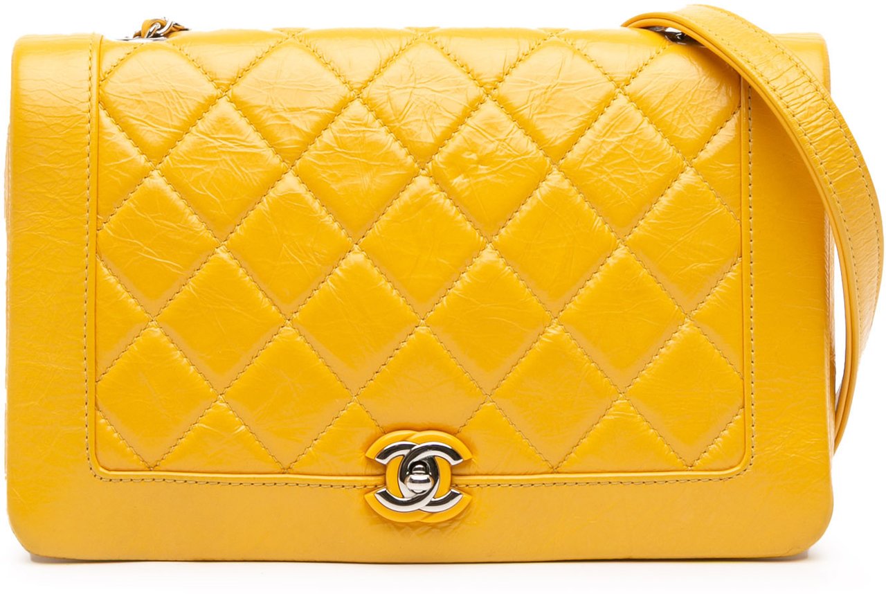 Chanel Crumpled Calfskin Bi Quilted Vintage Full Flap Geel