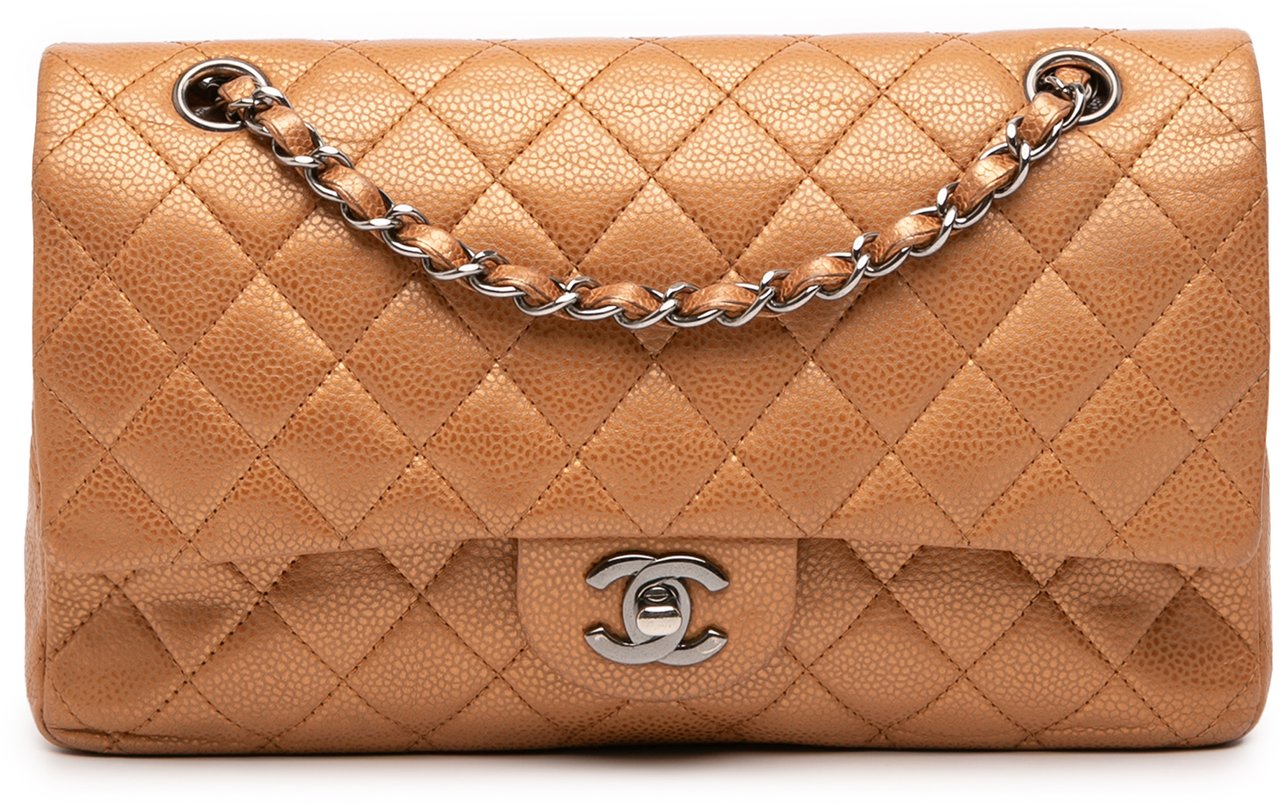 Chanel Medium Classic Metallic Caviar Double Flap Bruin