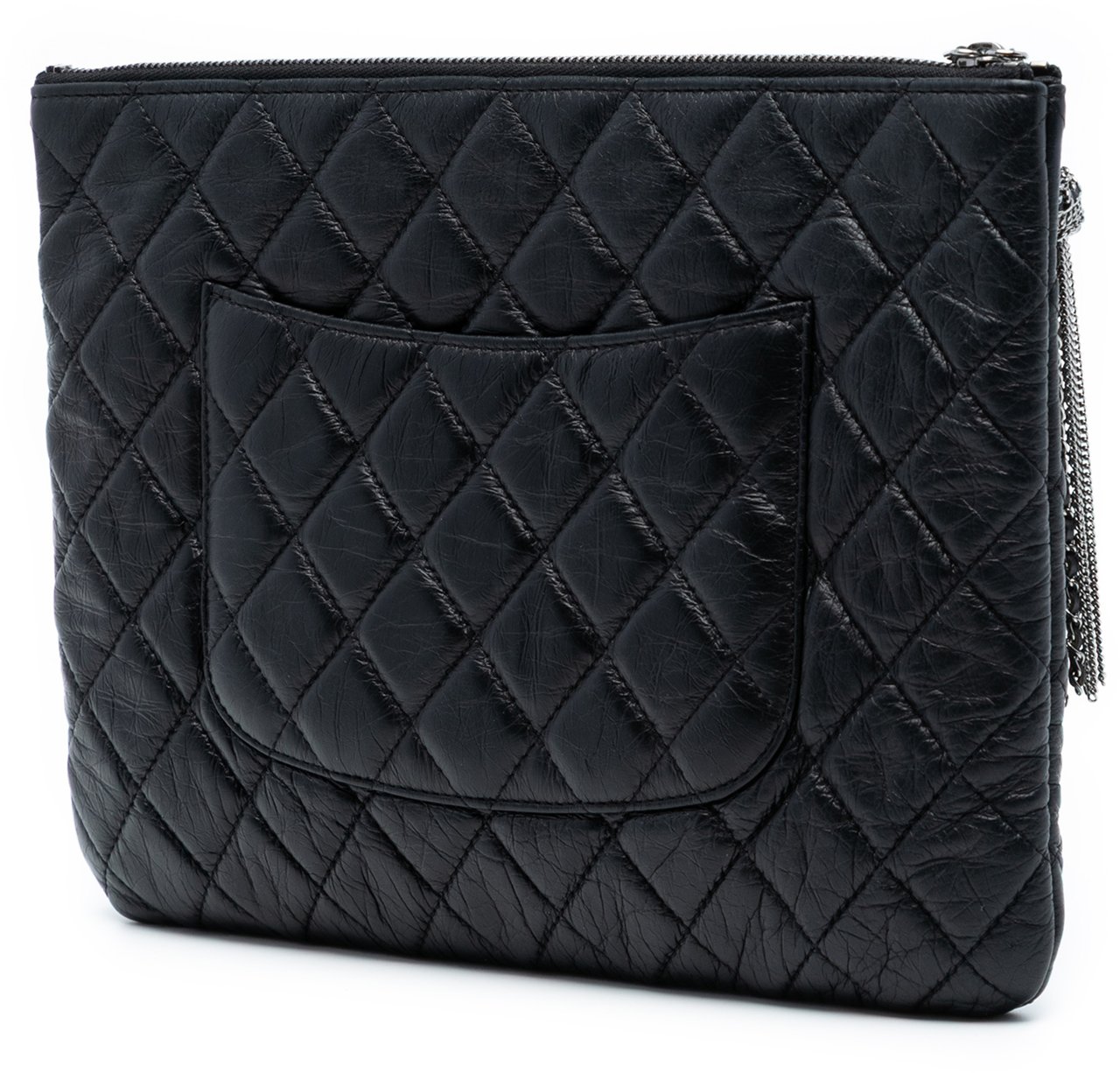 Chanel Medium Quilted Aged Calfskin Chain Tassel O Case Clutch Zwart