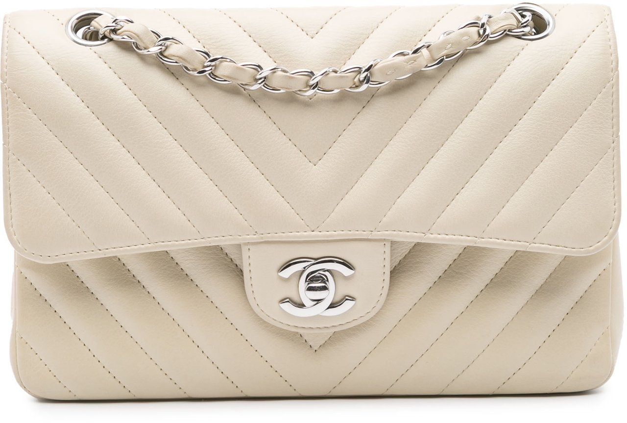 Chanel Small Classic Chevron Lambskin Double Flap Wit