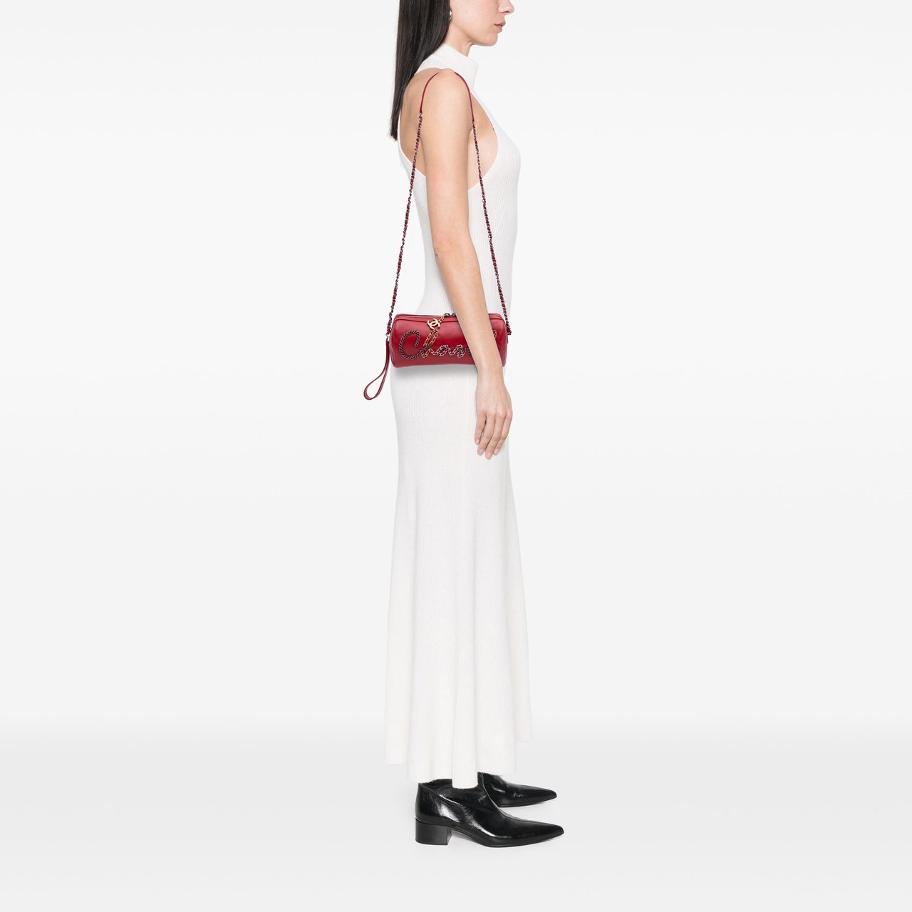 Chanel Calfskin Signature Chain Signe Bowling Bag Rood