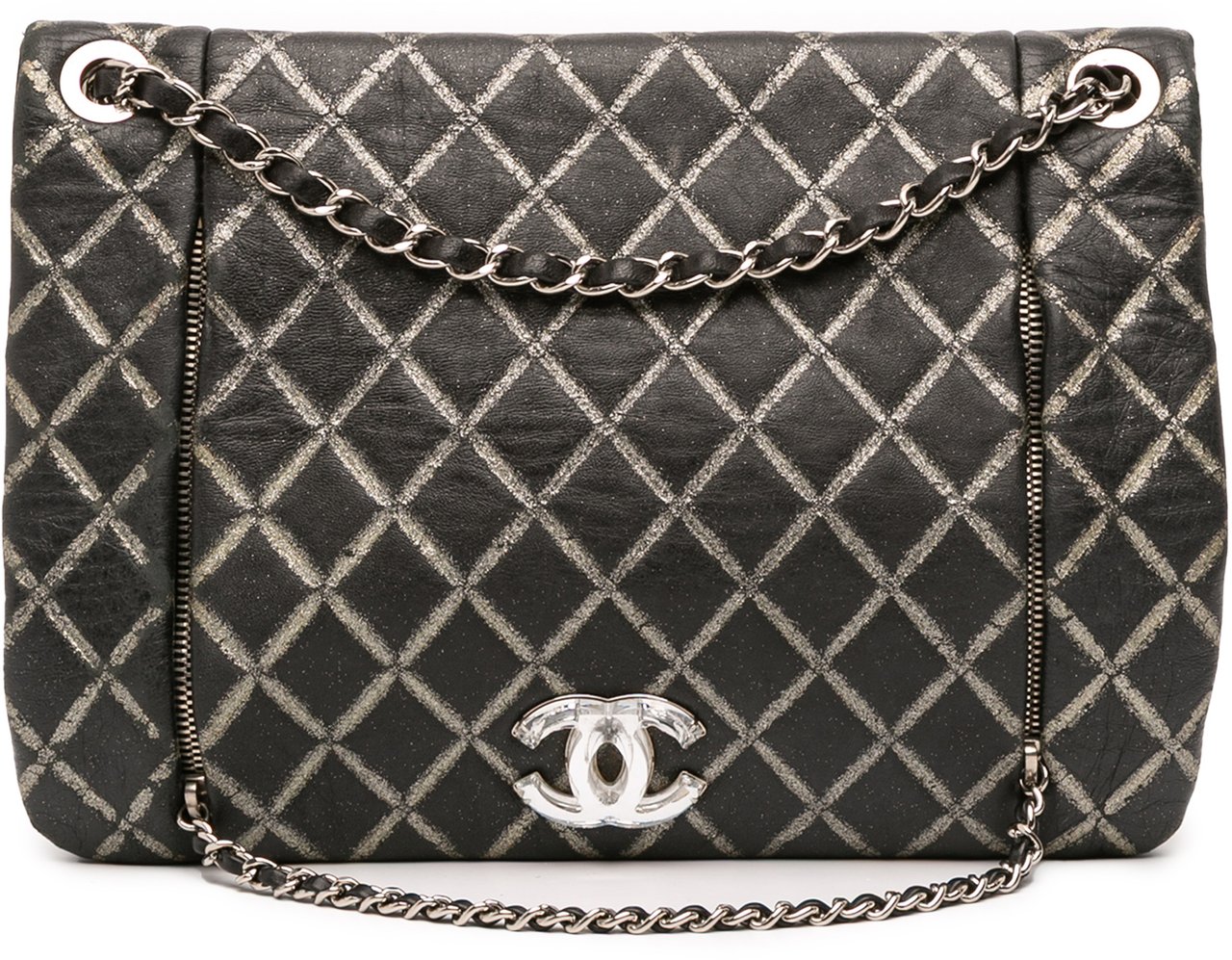 Chanel Quilted Metallic Distressed Lambskin CC Crystal Flap Zwart
