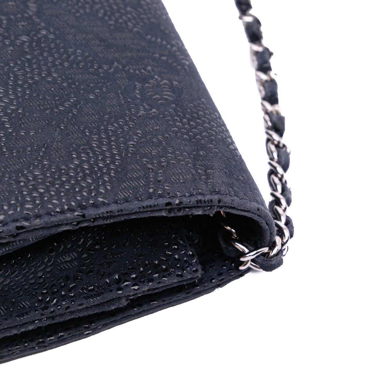 Chanel Lace Overlay Goatskin Wallet On Chain Blauw