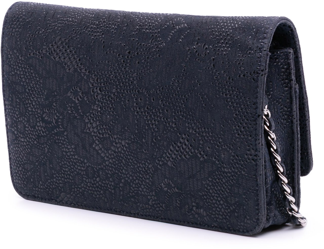 Chanel Lace Overlay Goatskin Wallet On Chain Blauw
