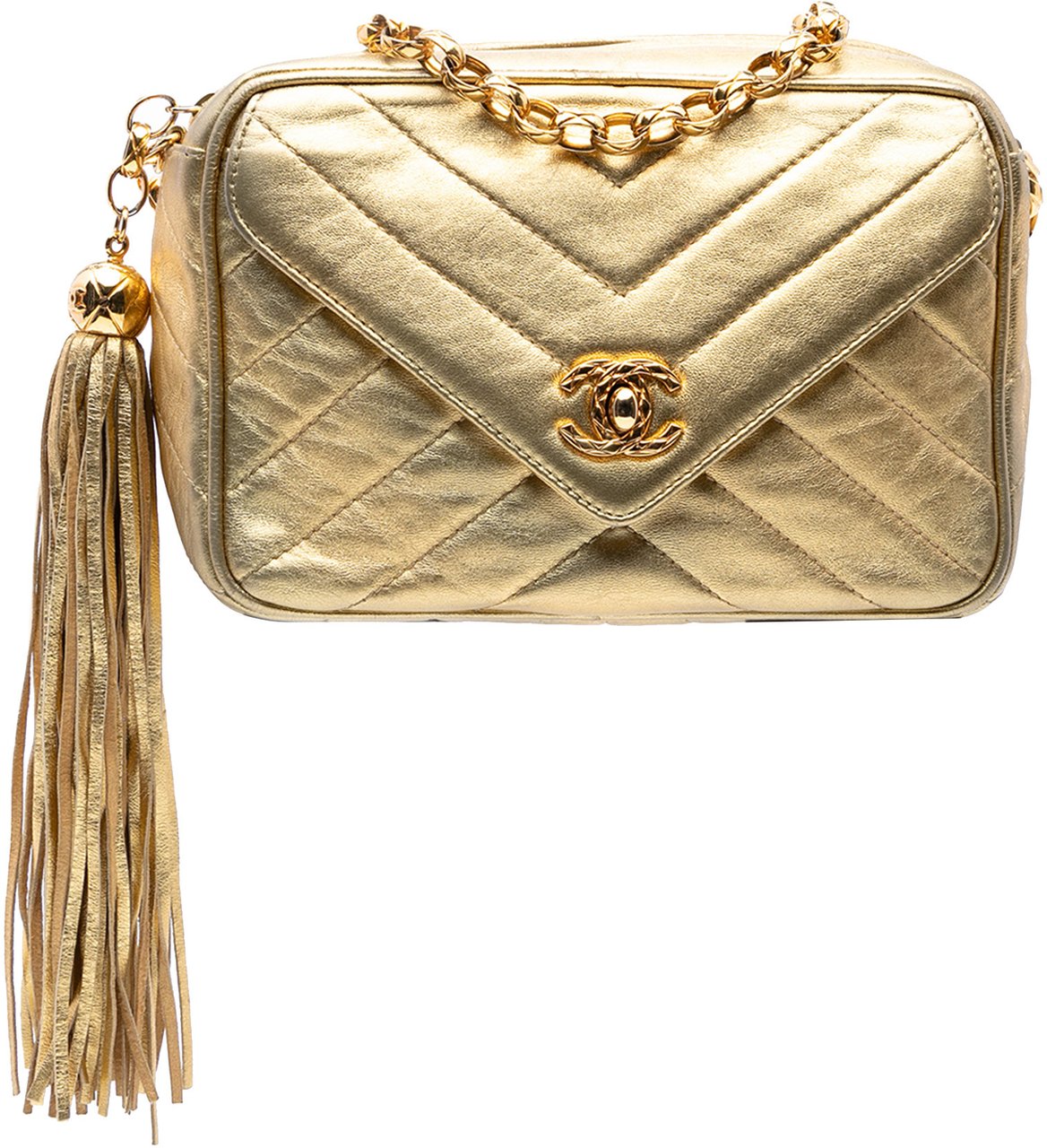 Chanel Chevron Metallic Lambskin Tassel Chain Camera Bag Goud