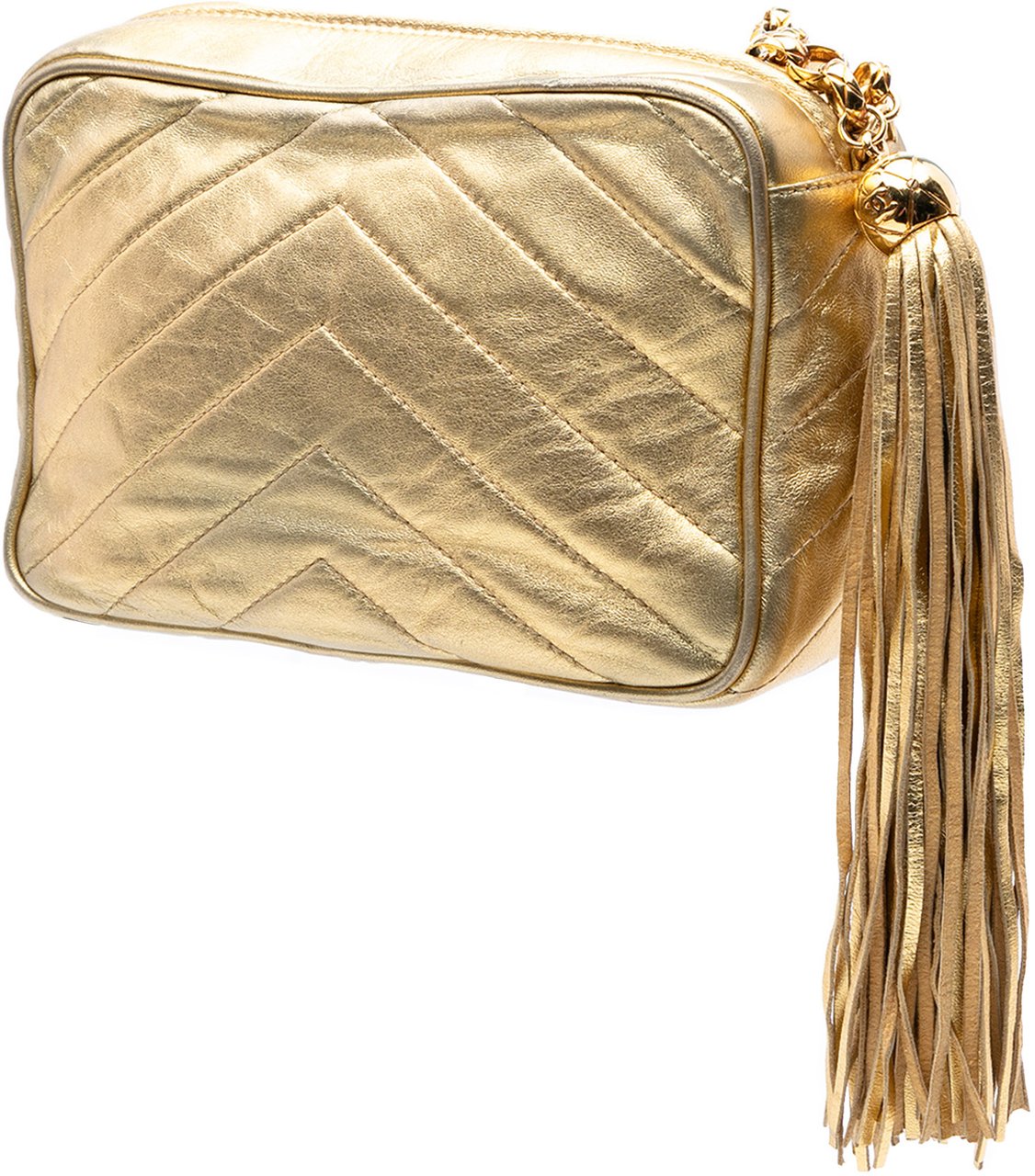 Chanel Chevron Metallic Lambskin Tassel Chain Camera Bag Goud