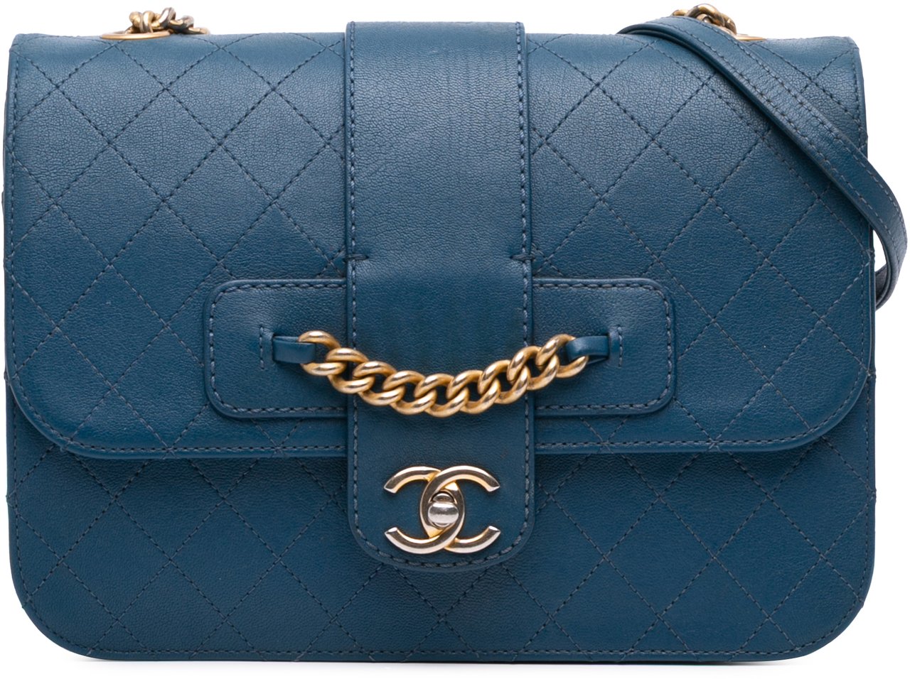 Chanel Large Quilted Sheepskin Front Chain Flap Blauw