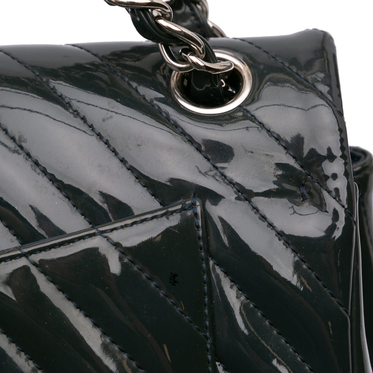 Chanel Jumbo Classic Chevron Patent Double Flap Blauw