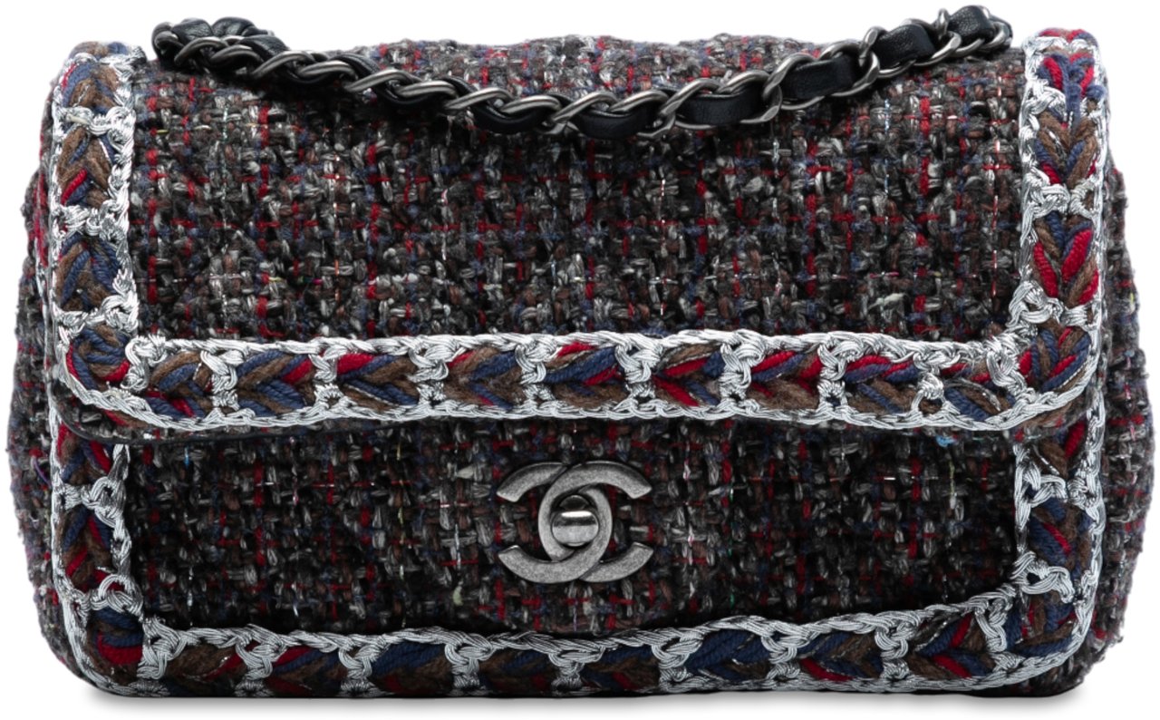 Chanel Mini Rectangular Classic Tweed Braided Single Flap Zwart