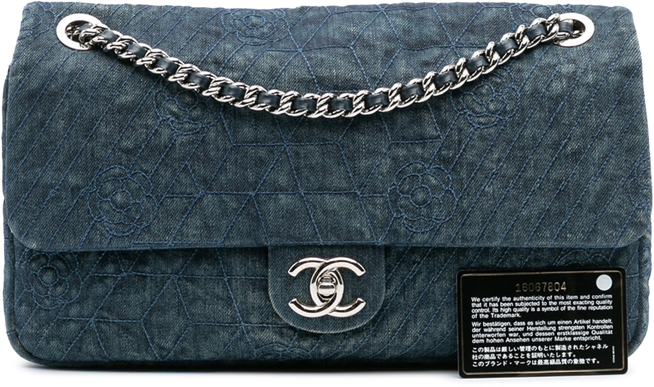 Chanel Large Embroidered Denim Camellia Flap Blauw