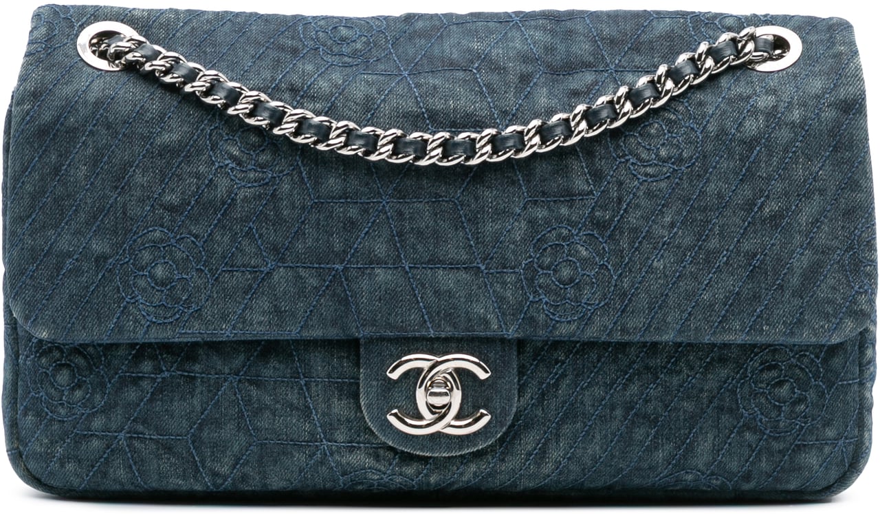 Chanel Large Embroidered Denim Camellia Flap Blauw