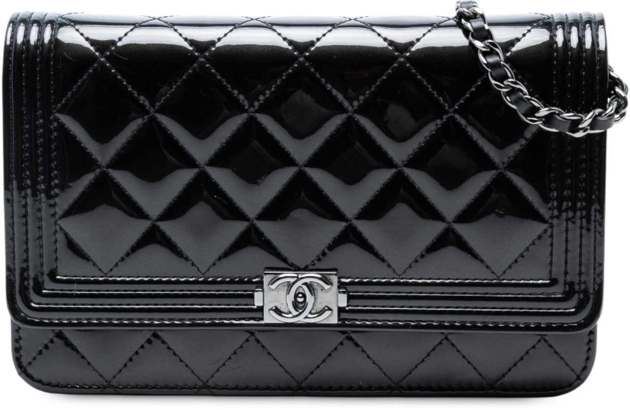 Chanel Quilted Patent Boy Wallet on Chain Zwart