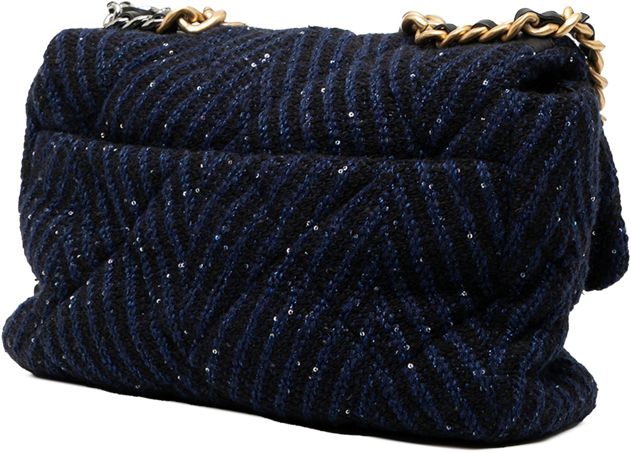 Chanel Large Chevron Tweed Sequin 19 Flap Blauw