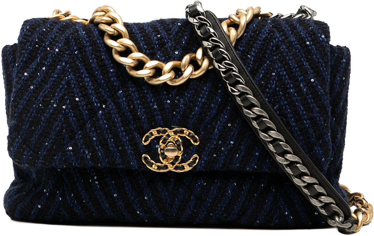 Chanel Large Chevron Tweed Sequin 19 Flap Blauw