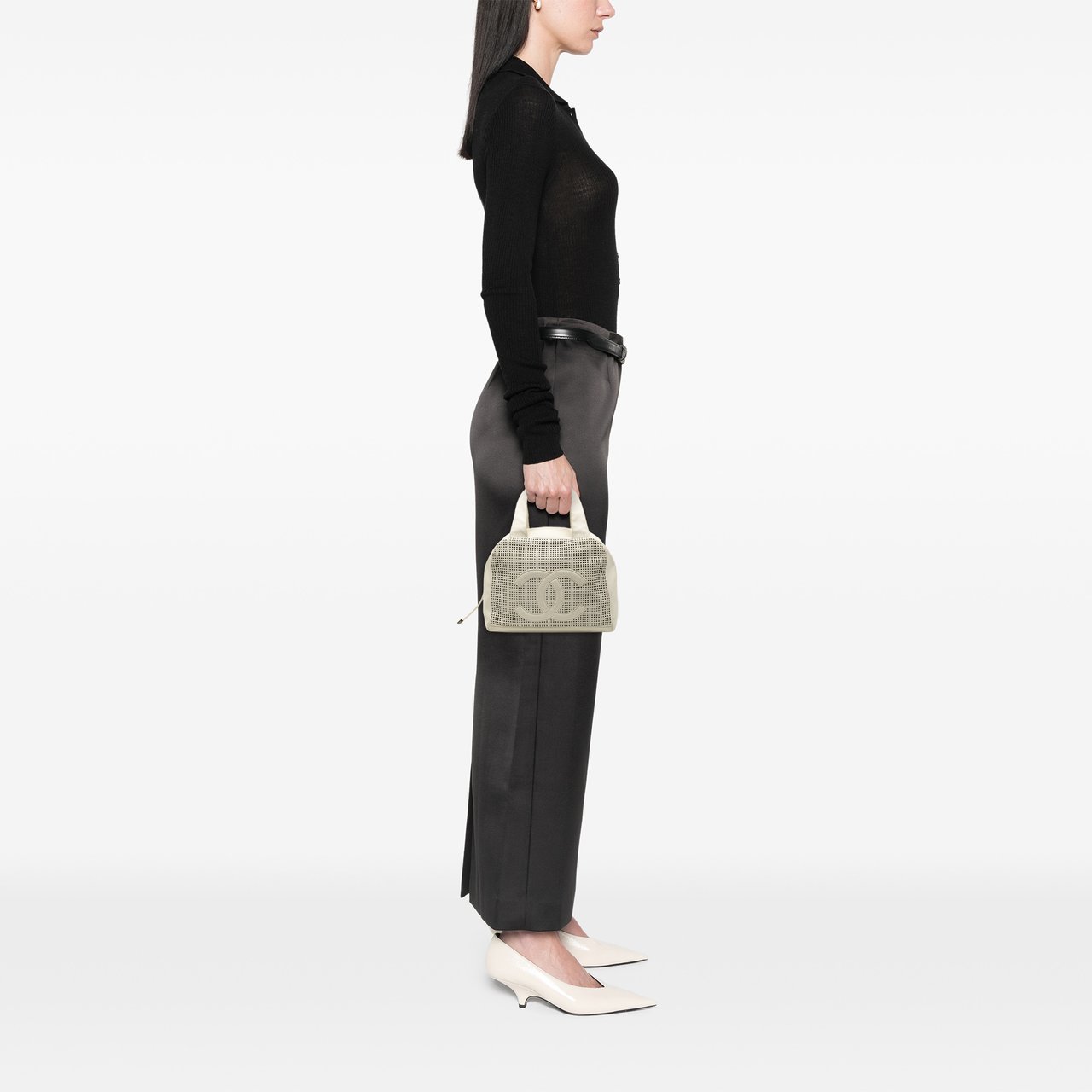 Chanel CC Perforated Caviar Bowler Bag Wit