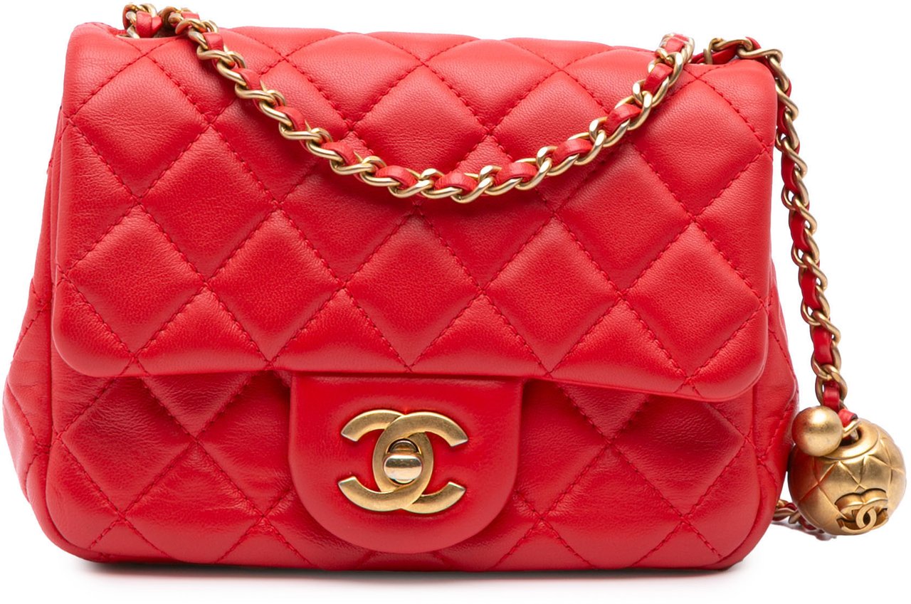 Chanel Mini Square Classic Lambskin Pearl Crush Single Flap Rood