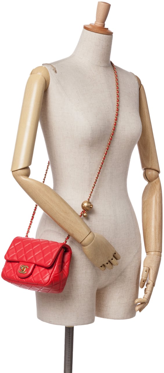 Chanel Mini Square Classic Lambskin Pearl Crush Single Flap Rood