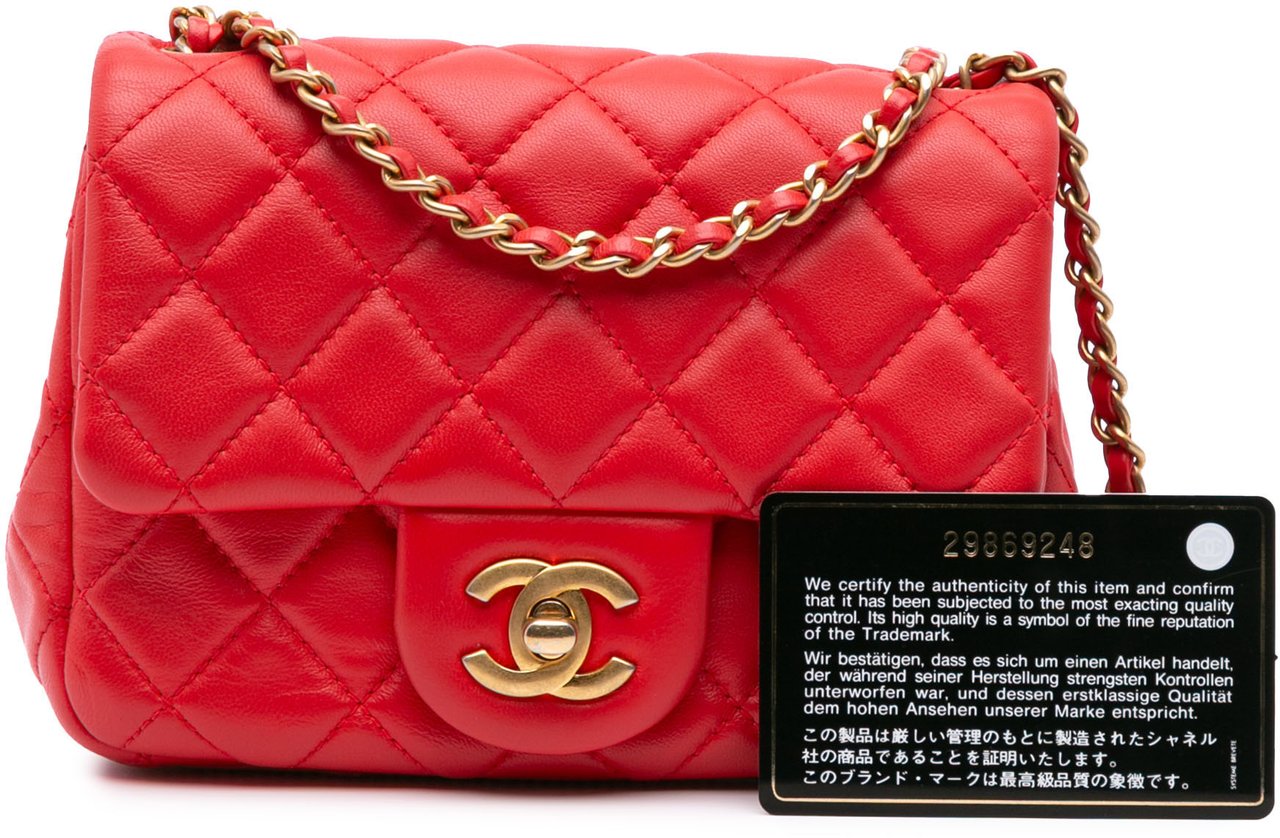Chanel Mini Square Classic Lambskin Pearl Crush Single Flap Rood