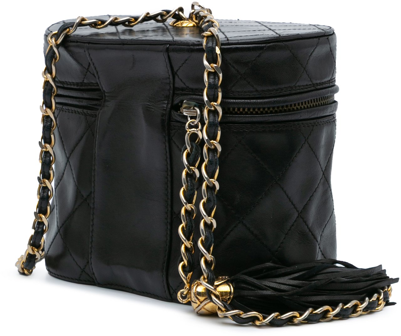 Chanel Quilted Lambskin Tassel Vanity Case with Chain Zwart