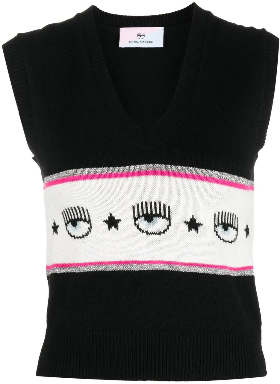 Chiara Ferragni Classic Knit Sweater With Round Neckline And Long Sleeves Zwart