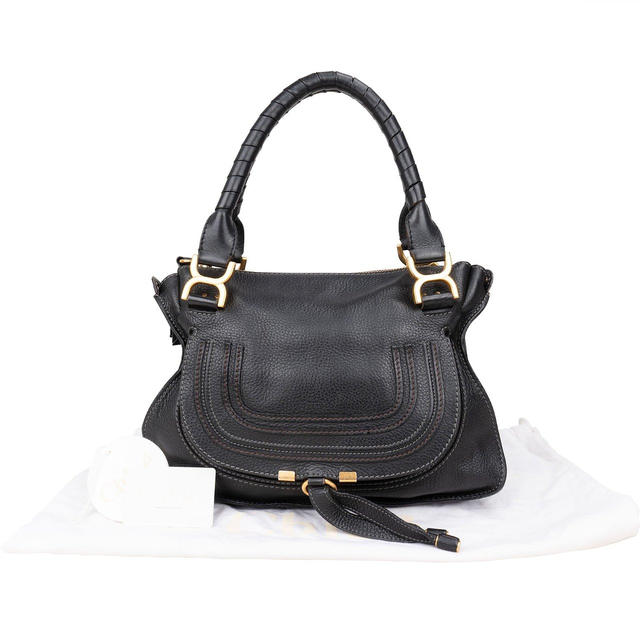 Chloé Grained Calfskin Leather Medium Marcie Satchel Handbag Zwart