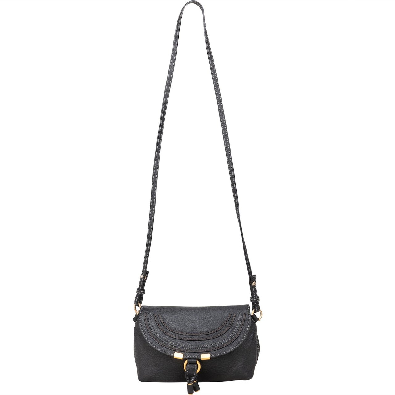 Chloé Chloé Black Grained Calfskin Leather Marcie Mini Saddle Crossbody Bag Zwart