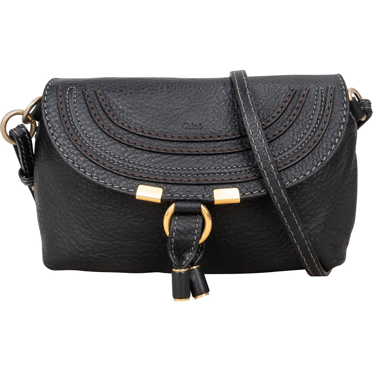 Chloé Chloé Black Grained Calfskin Leather Marcie Mini Saddle Crossbody Bag Zwart
