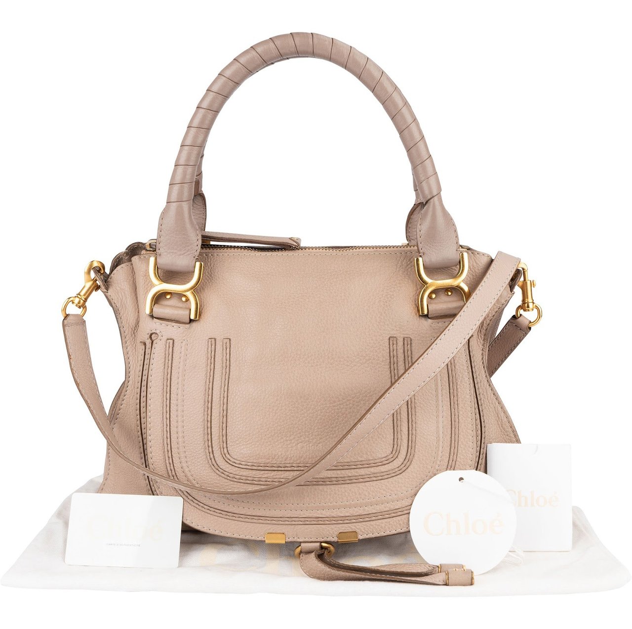 Chloé Chloé Grained Leather Marcie Porte Epaule Hobo Handbag Beige