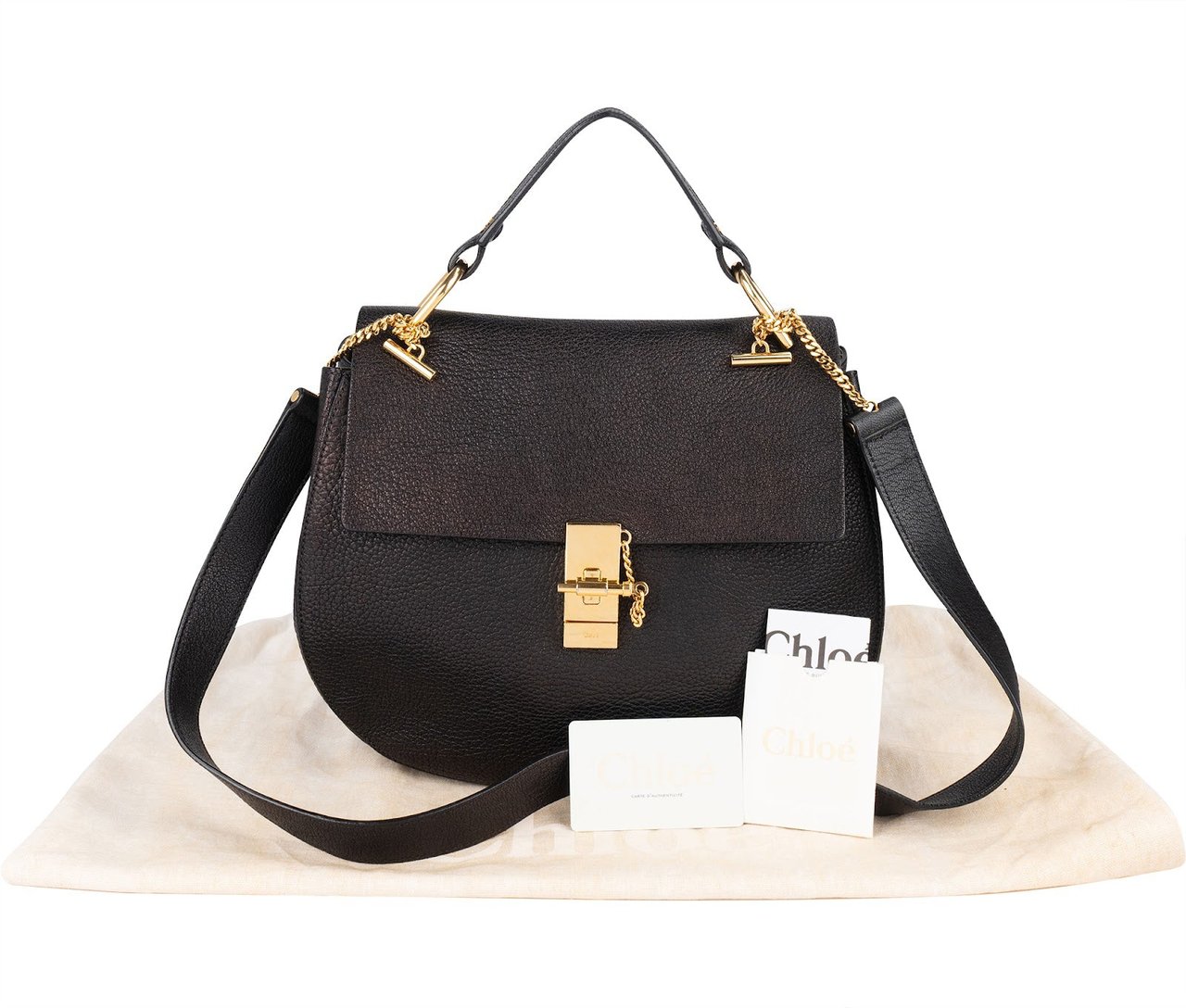 Chloé Black Grained Leather Drew Porte Epaule Crossbody Bag Zwart