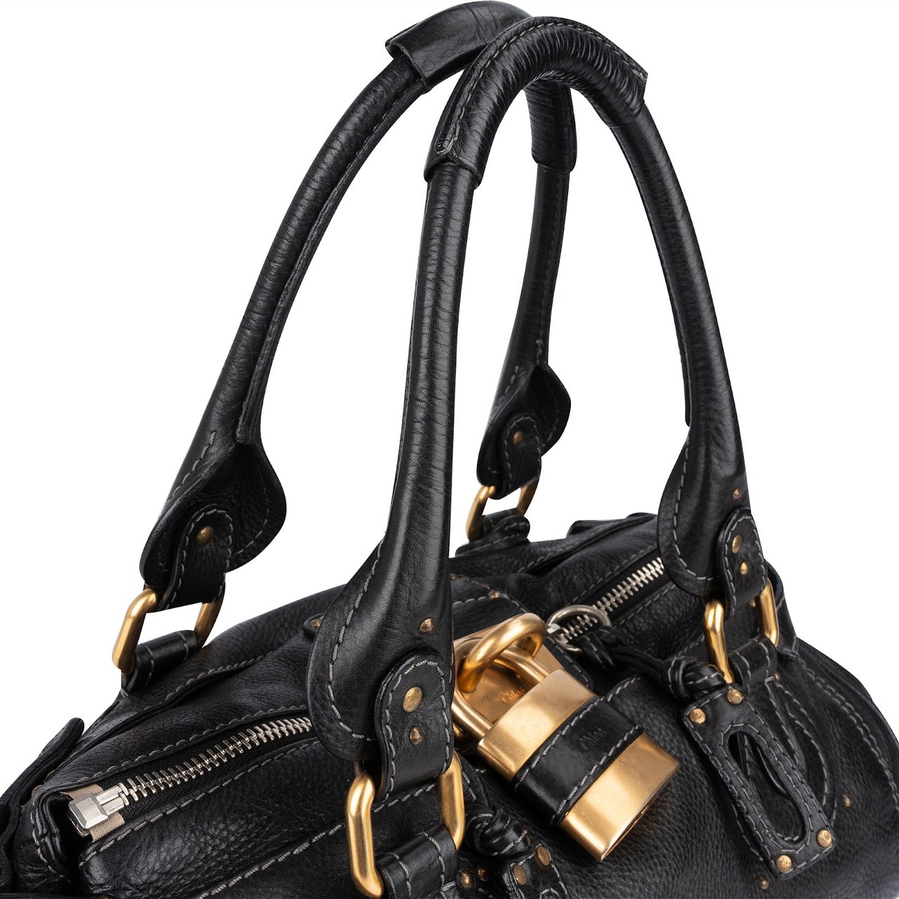 Chloé Chloé Pebbled Leather Paddington Satchel Handbag Zwart