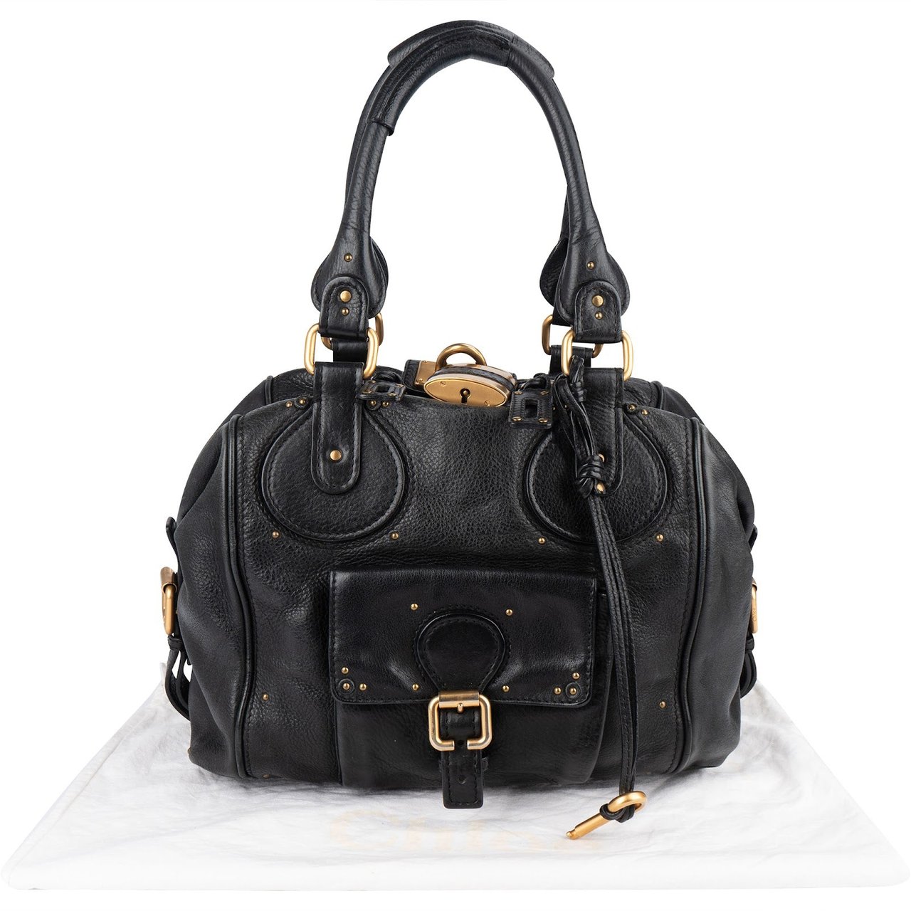 Chloé Chloé Studded Pebbled Leather Large Paddington Satchel Handbag Zwart