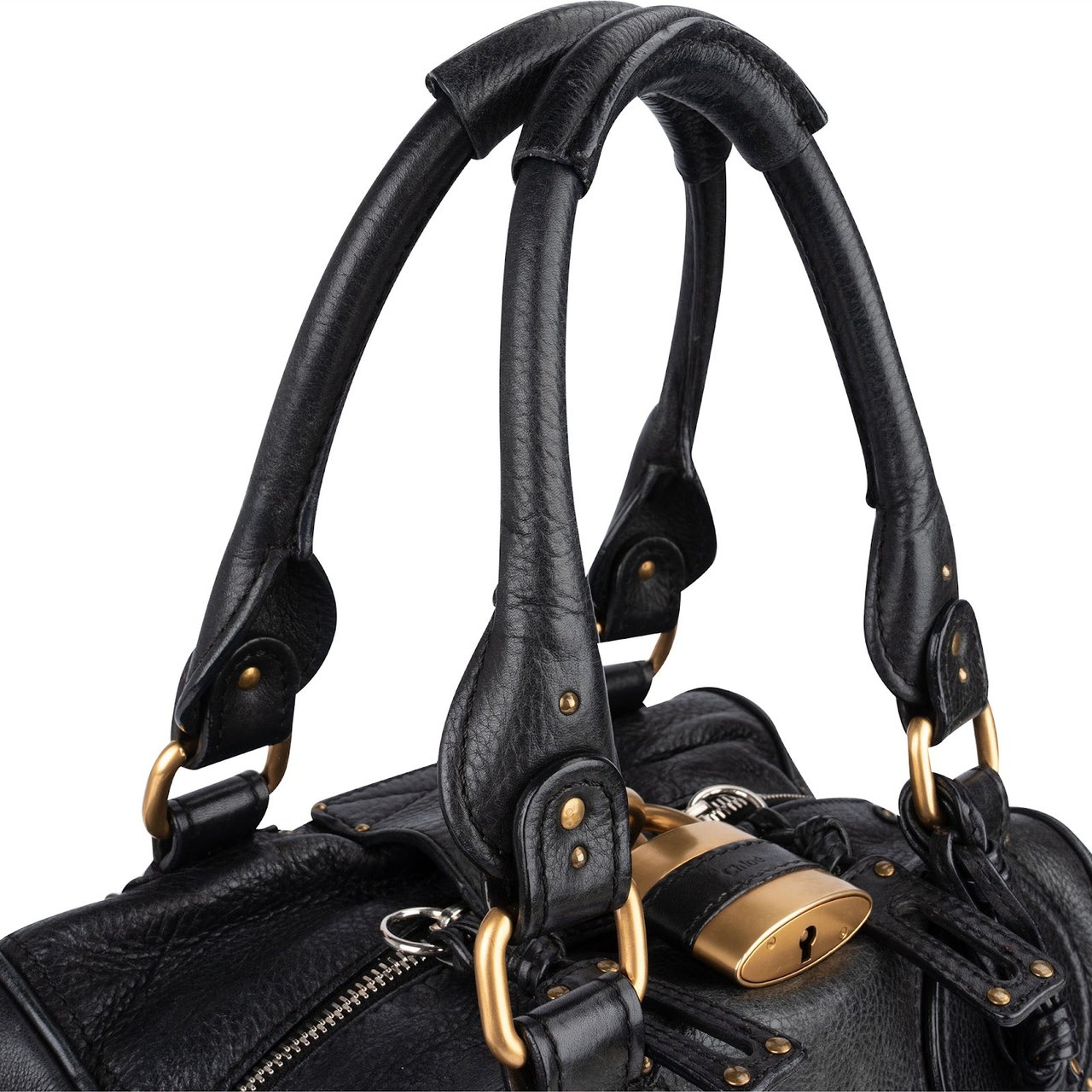 Chloé Chloé Studded Pebbled Leather Large Paddington Satchel Handbag Zwart