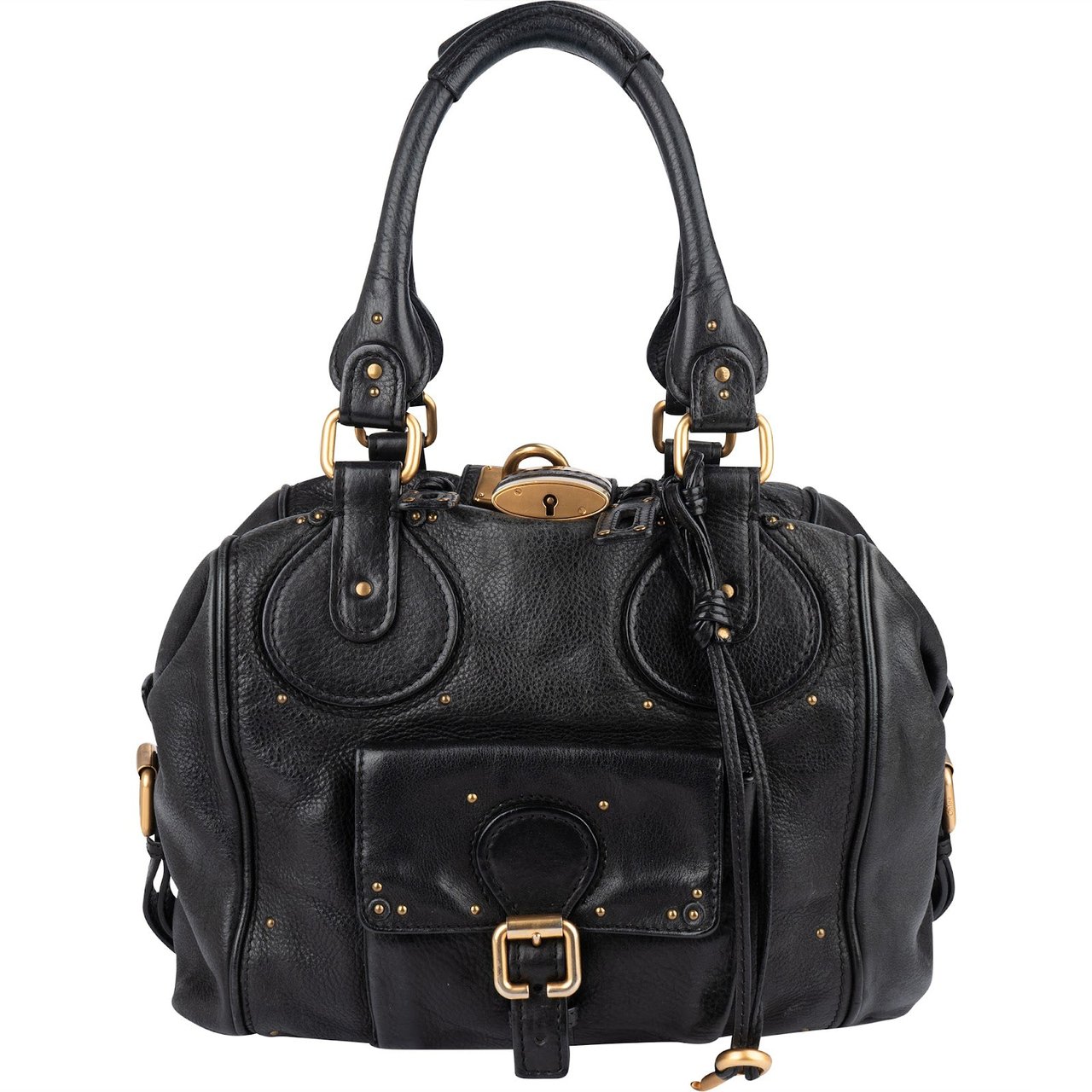 Chloé Chloé Studded Pebbled Leather Large Paddington Satchel Handbag Zwart